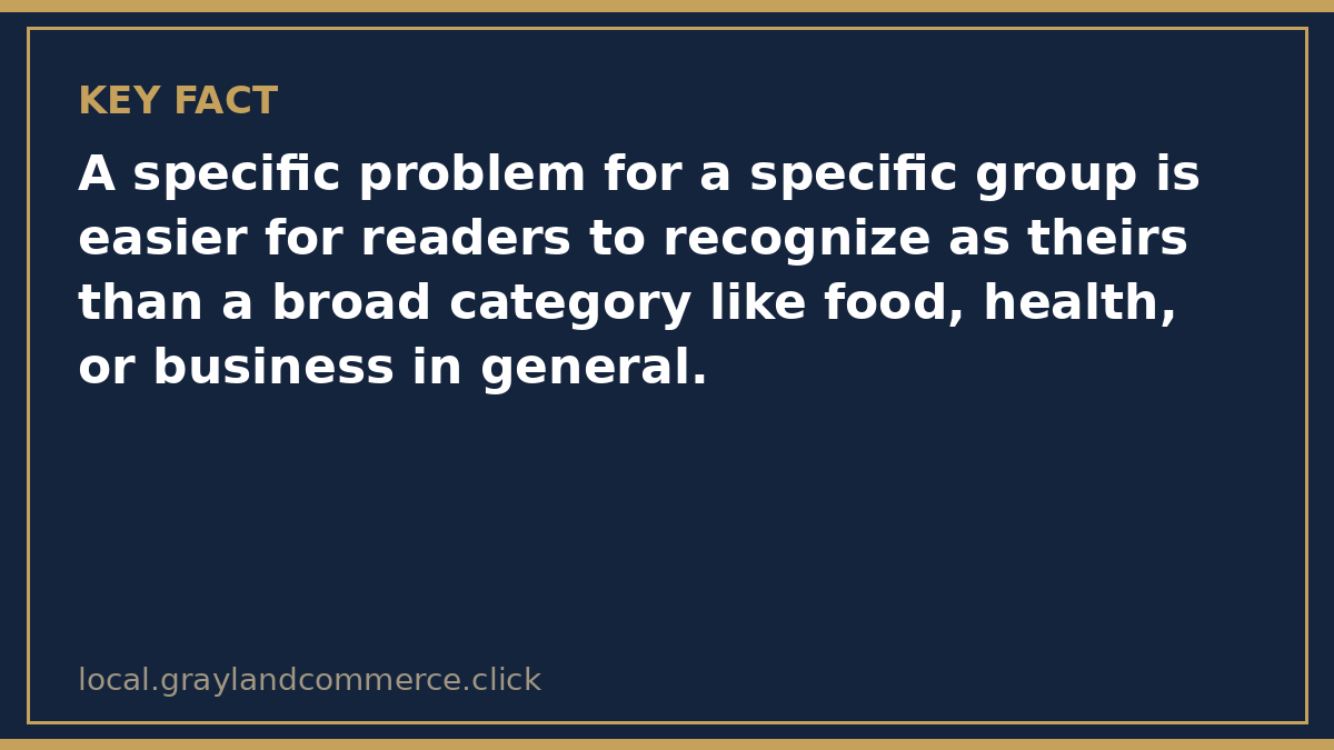 Illustrated fact card noting that a specific problem for a specific group is easier for readers to recognize