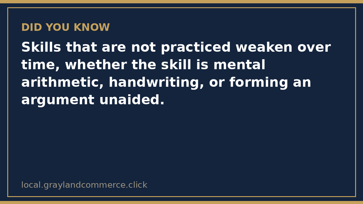 Illustrated fact card noting that unpracticed skills weaken over time, including forming an argument unaided