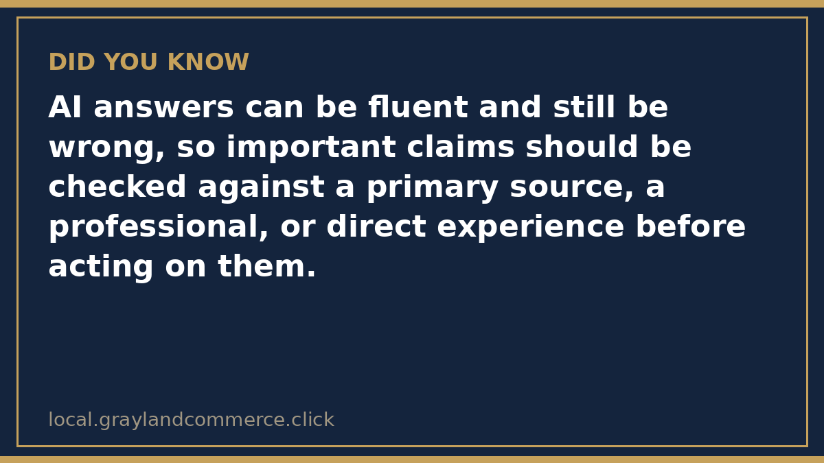 Illustrated fact card noting that AI answers can be fluent and still wrong, so important claims need checking