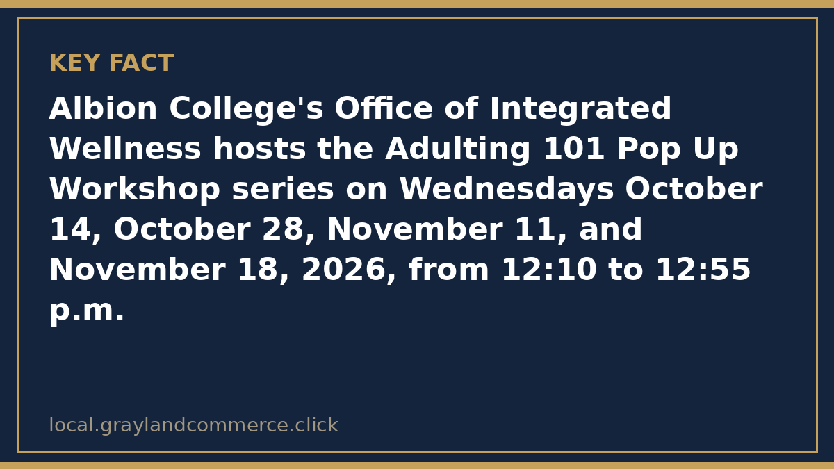Fact card: Albion College's Adulting 101 workshops meet Wednesdays October 28, November 11, and November 18, 2026, from 12:10 to 12:55 p.m. in the Kellogg Center Belonging Lounge
