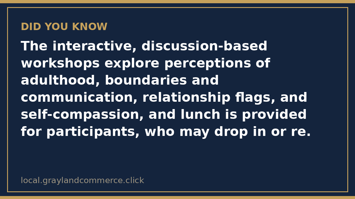 Fact card: the workshops explore perceptions of adulthood, boundaries and communication, relationship flags, and self-compassion, with lunch provided