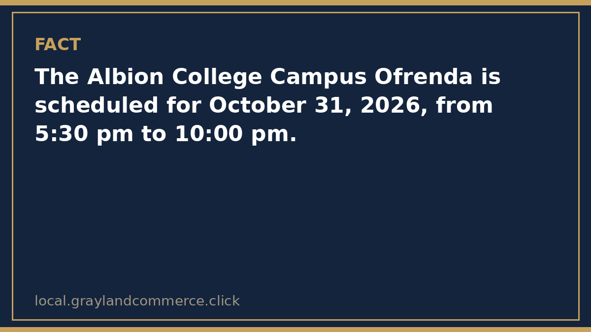 Fact card: the Albion College Campus Ofrenda is October 31, 2026, from 5:30 to 10:00 p.m. in Kellogg Center Gerstacker Commons 210
