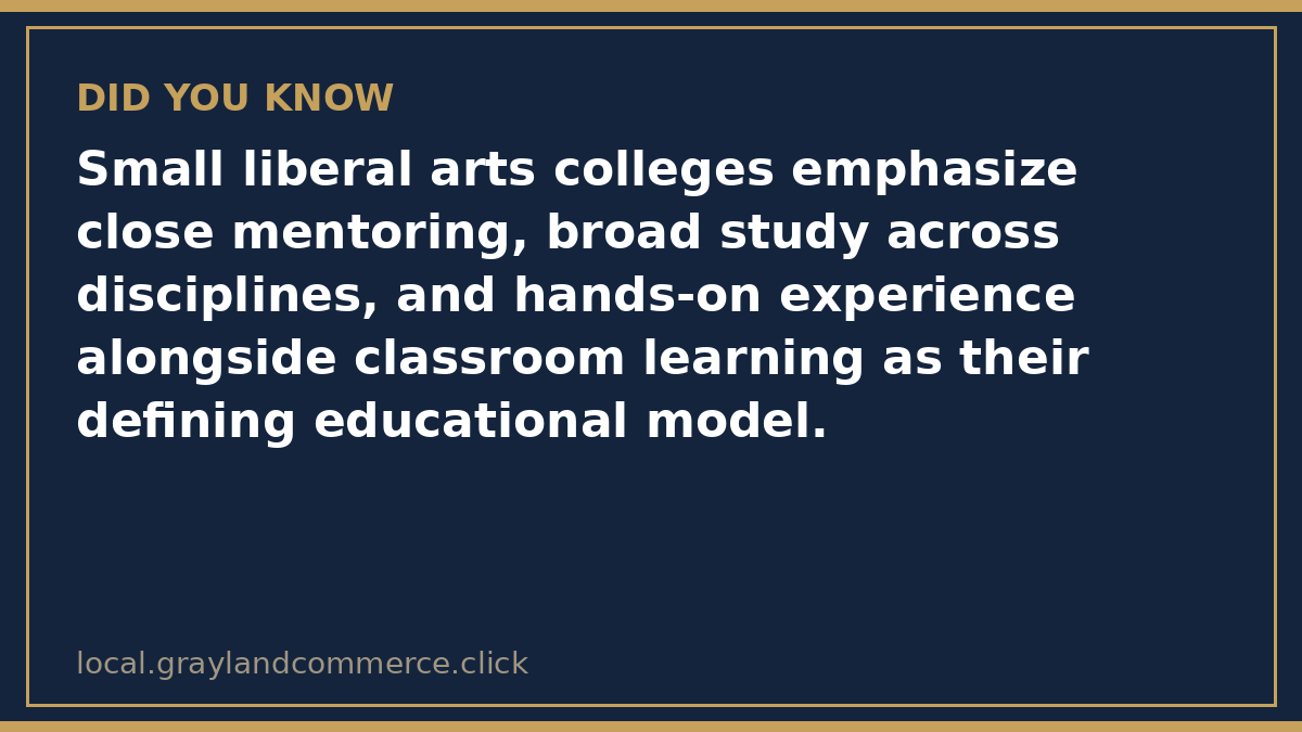 Illustrated fact card noting that small liberal arts colleges emphasize close mentoring, broad study, and hands-on experience alongside classroom learning