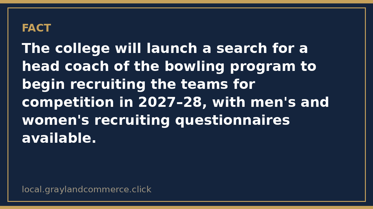 Fact card: University Lanes in Albion will serve as the official facility, and the college will launch a head coach search to begin recruiting for 2027-28