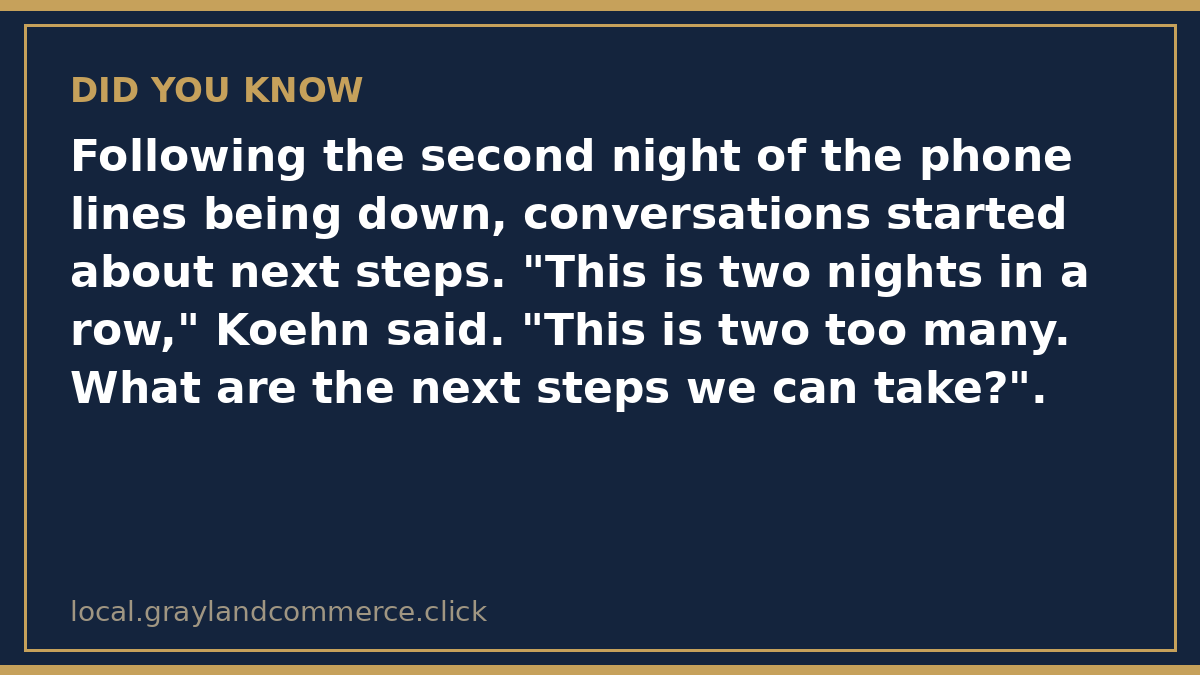 Fact card: following the second night of the phone lines being down, conversations started about next steps, with Associate Dean Joey Koehn calling two nights two too many