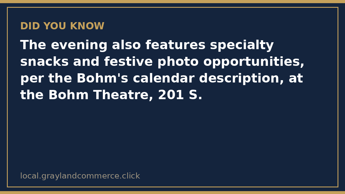 Fact card: the Bohm Theatre stands at 201 S. Superior Street in Albion; its calendar also promises specialty snacks and festive photo opportunities