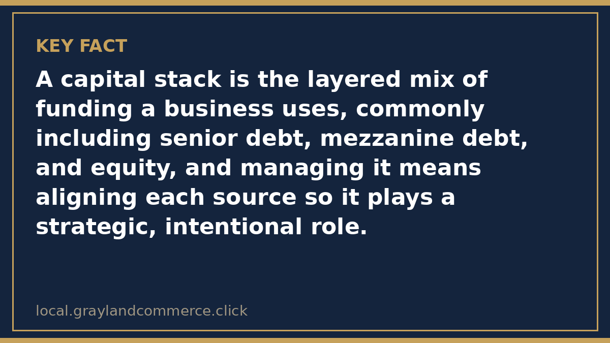 Illustrated fact card stating that a capital stack aligns debt, equity, and contingent funding so each layer plays a deliberate role