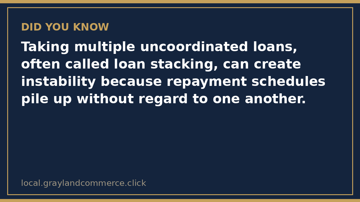 Illustrated fact card warning that uncoordinated loan stacking can create instability for a growing business