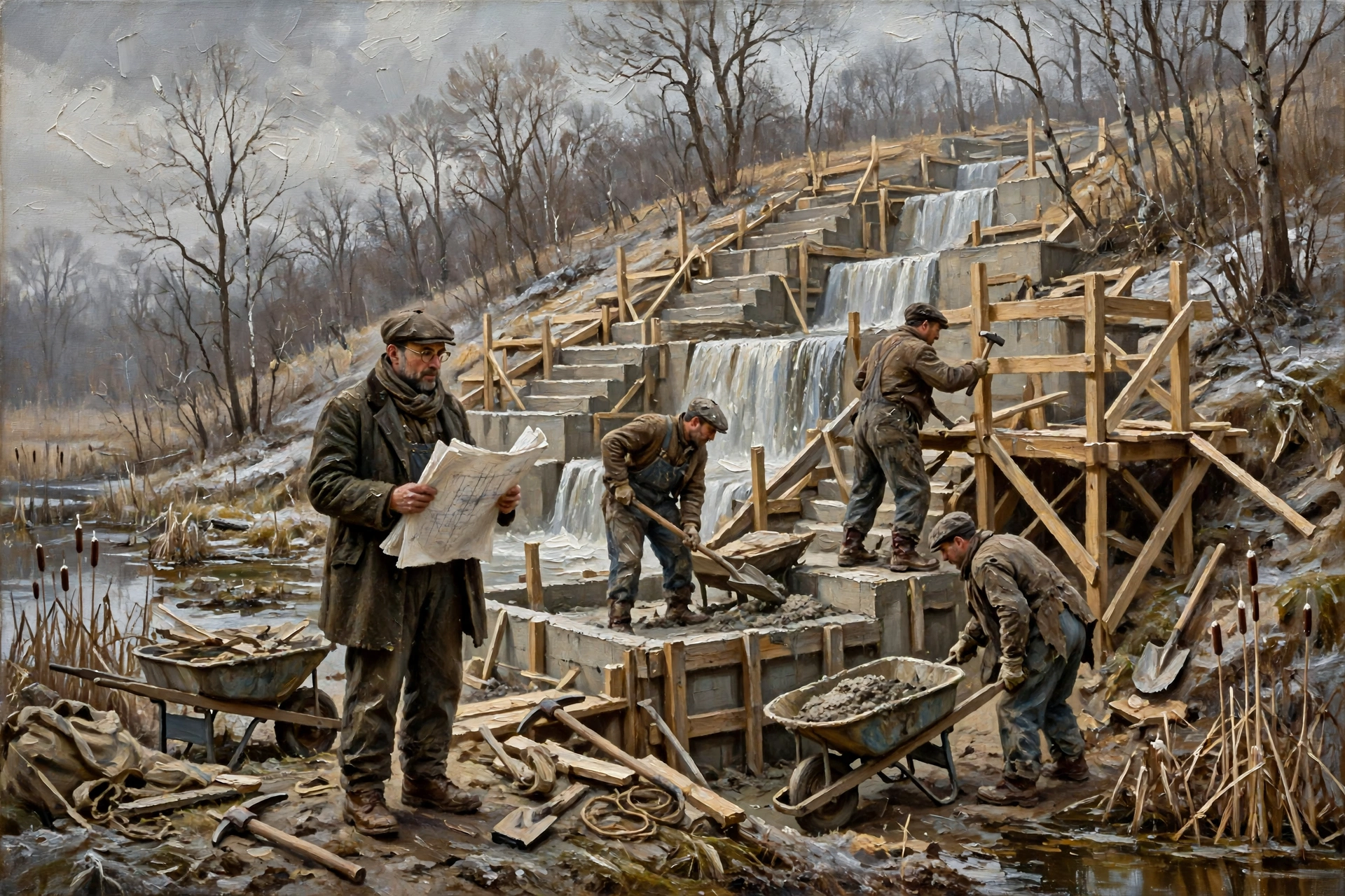 Painting of Jackson workers building the Cascade Falls during the winter of 1931β32