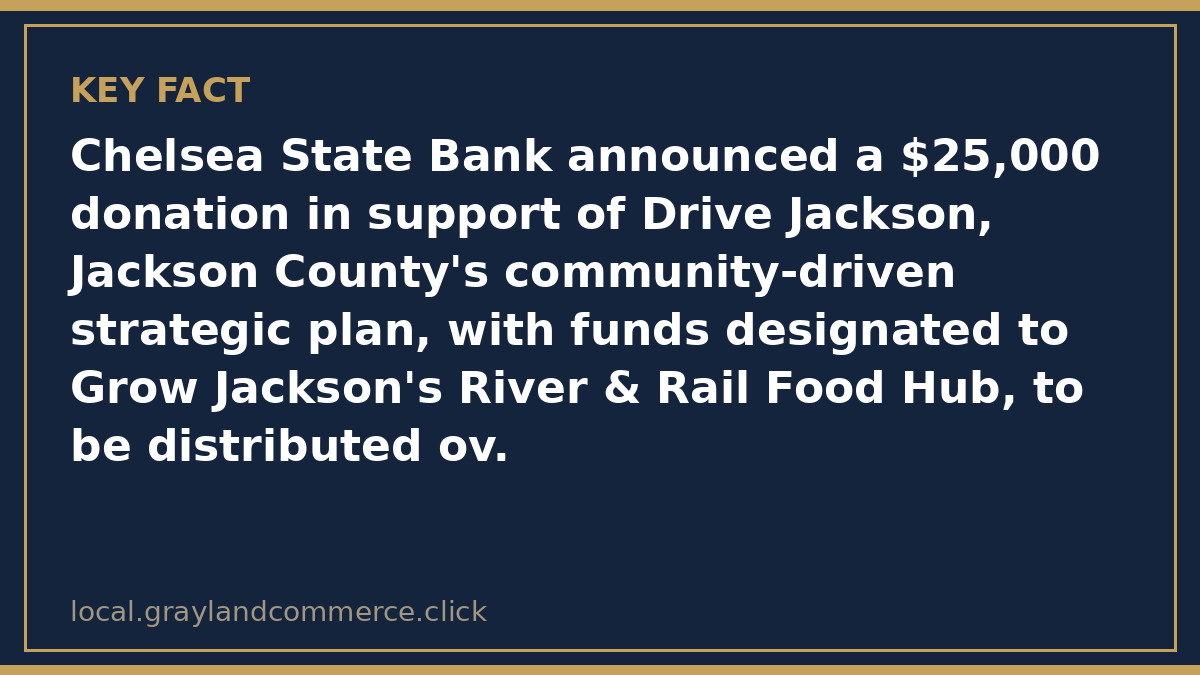 Fact card: Chelsea State Bank announced a $25,000 donation over three years to Drive Jackson, designated for the River & Rail Food Hub