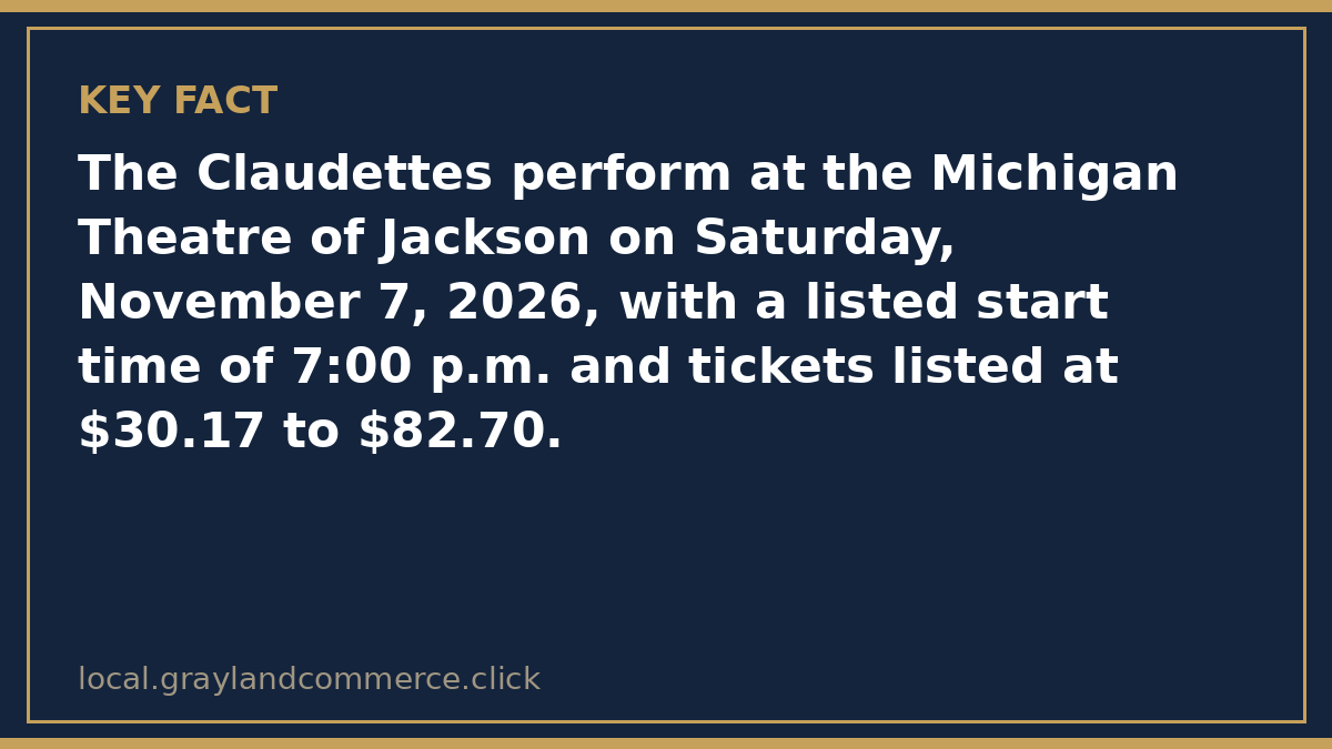 Fact card: The Claudettes perform at the Michigan Theatre of Jackson on Saturday, November 7, 2026, at 7:00 p.m.