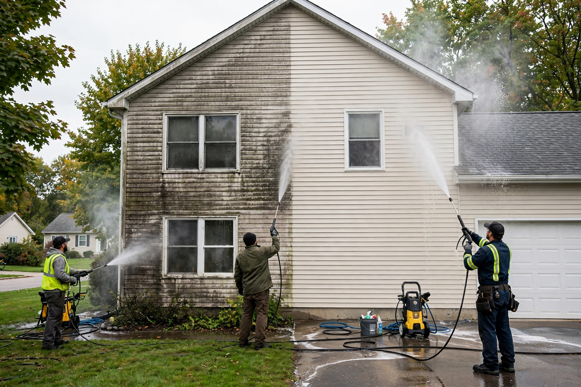 Power-washing crew washing a house, one half dirty and one half clean