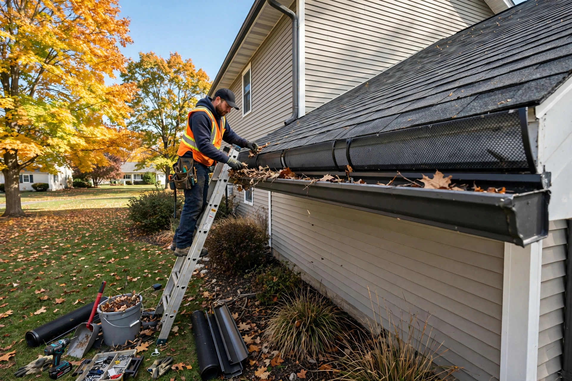 Worker on a ladder cleaning gutters and fitting gutter covers on a home