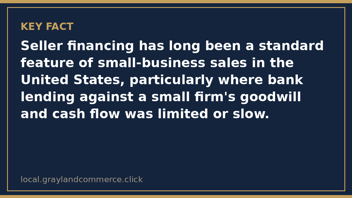 Illustrated fact card noting that seller financing has long been a standard feature of small-business sales in the United States