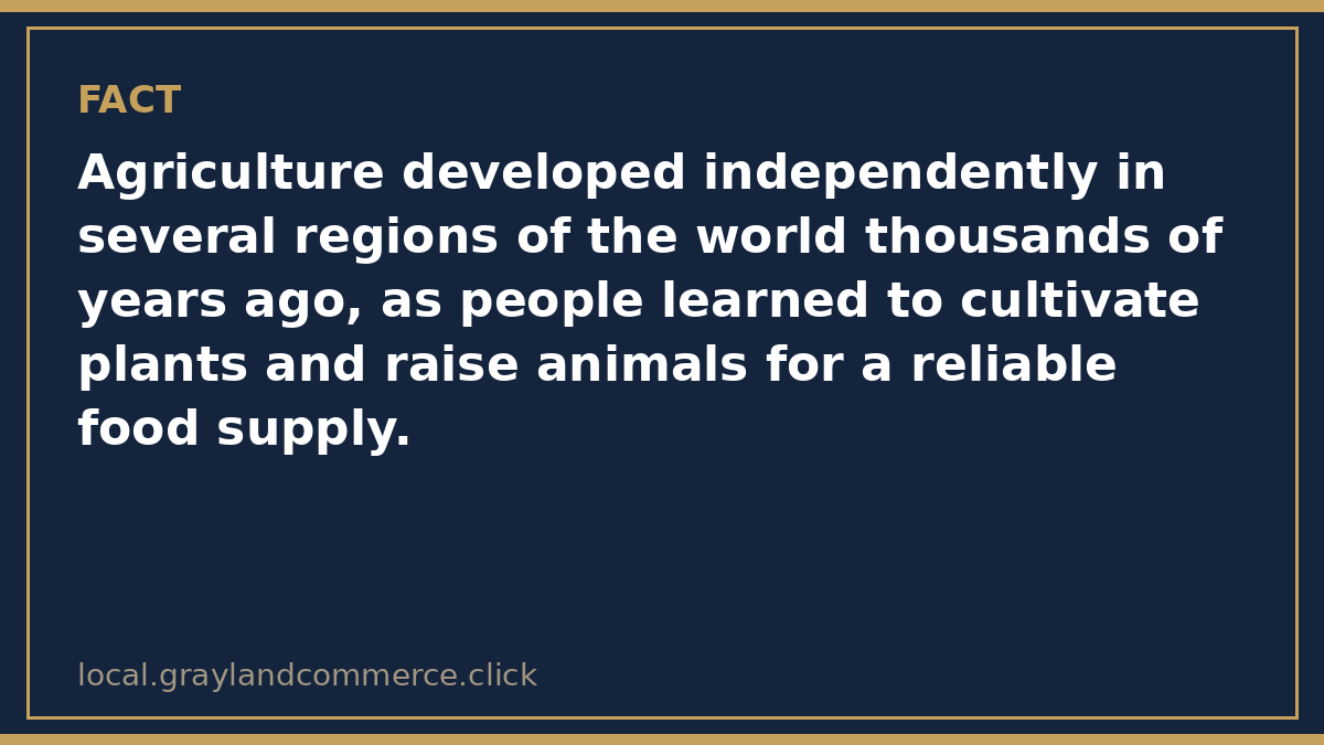 Fact card: agriculture developed independently in several regions of the world thousands of years ago, as people learned to cultivate plants and raise animals