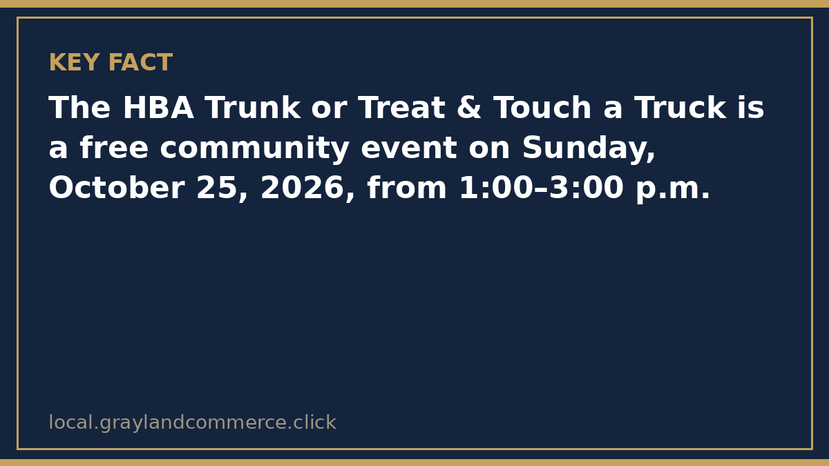 Fact card: the HBA Trunk or Treat and Touch a Truck runs Sunday, October 25, 2026, from 1:00 to 3:00 p.m. at 1815 E High Street in Jackson