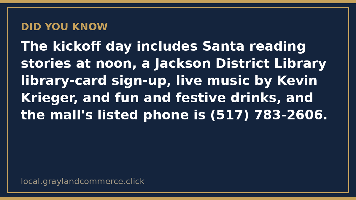 Fact card: kickoff includes Santa reading stories at noon, a library card sign-up, live music by Kevin Krieger, and festive drinks