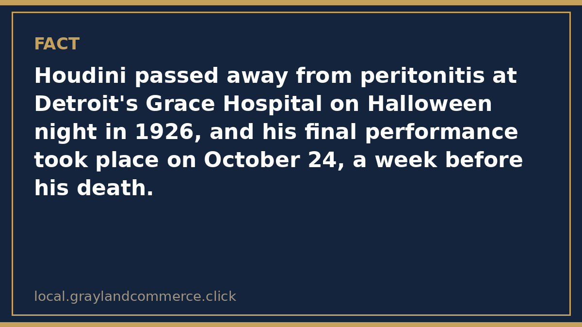 Fact card: Houdini died at Detroit's Grace Hospital on Halloween night in 1926, and 2026 marks the 100th anniversary of his death