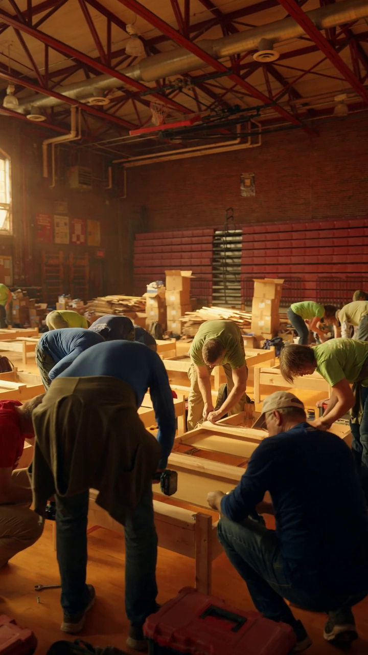 School gymnasium set up for a volunteer bed build
