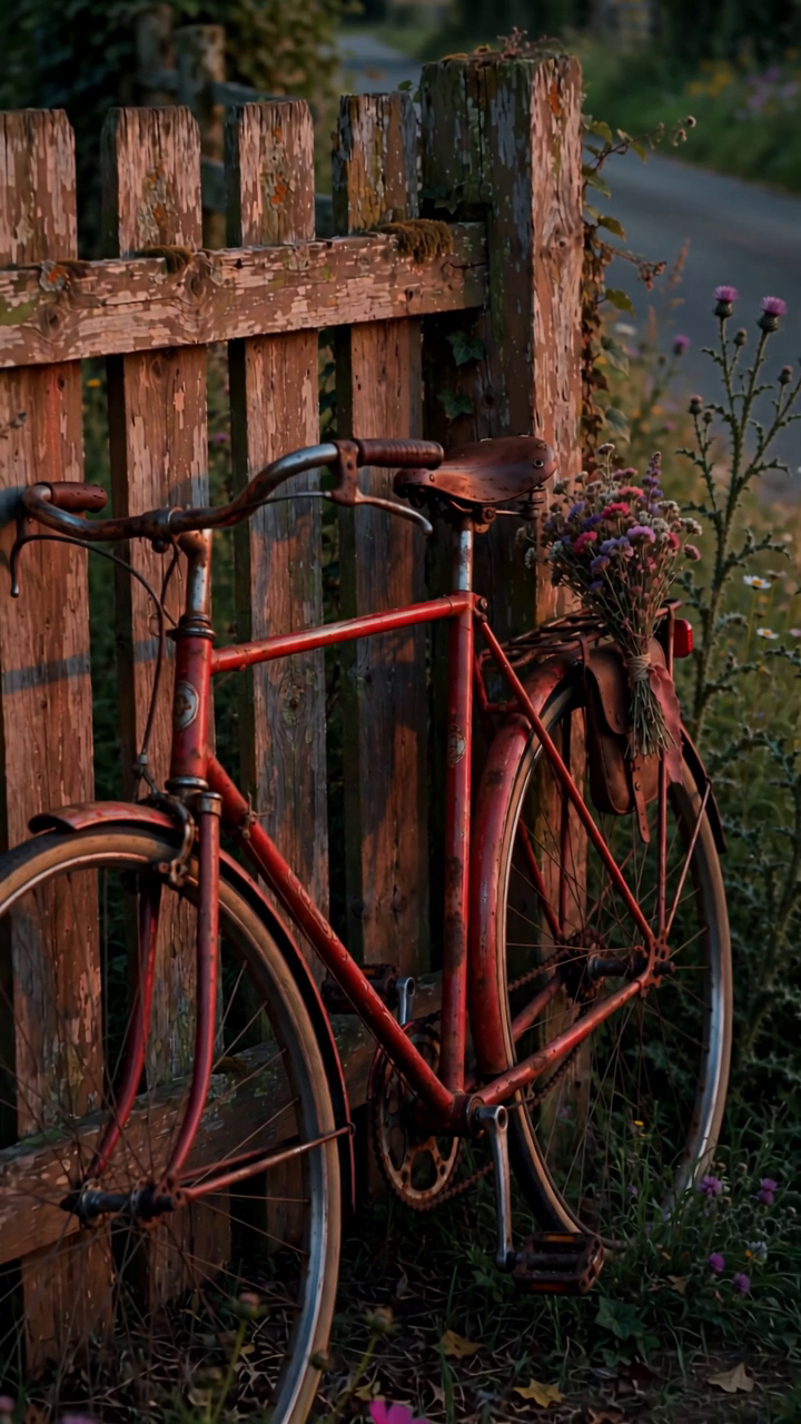 Red bicycle leaning against a fence