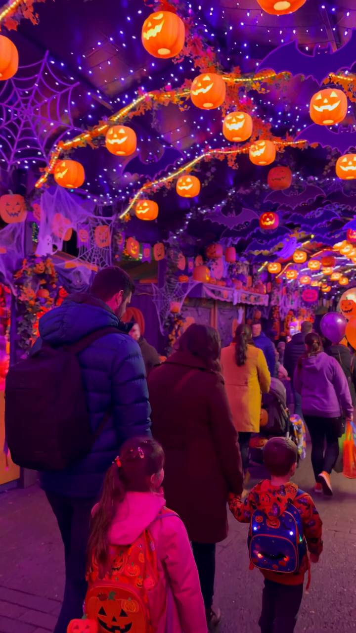 Carved pumpkins lit up at the Halloween light show