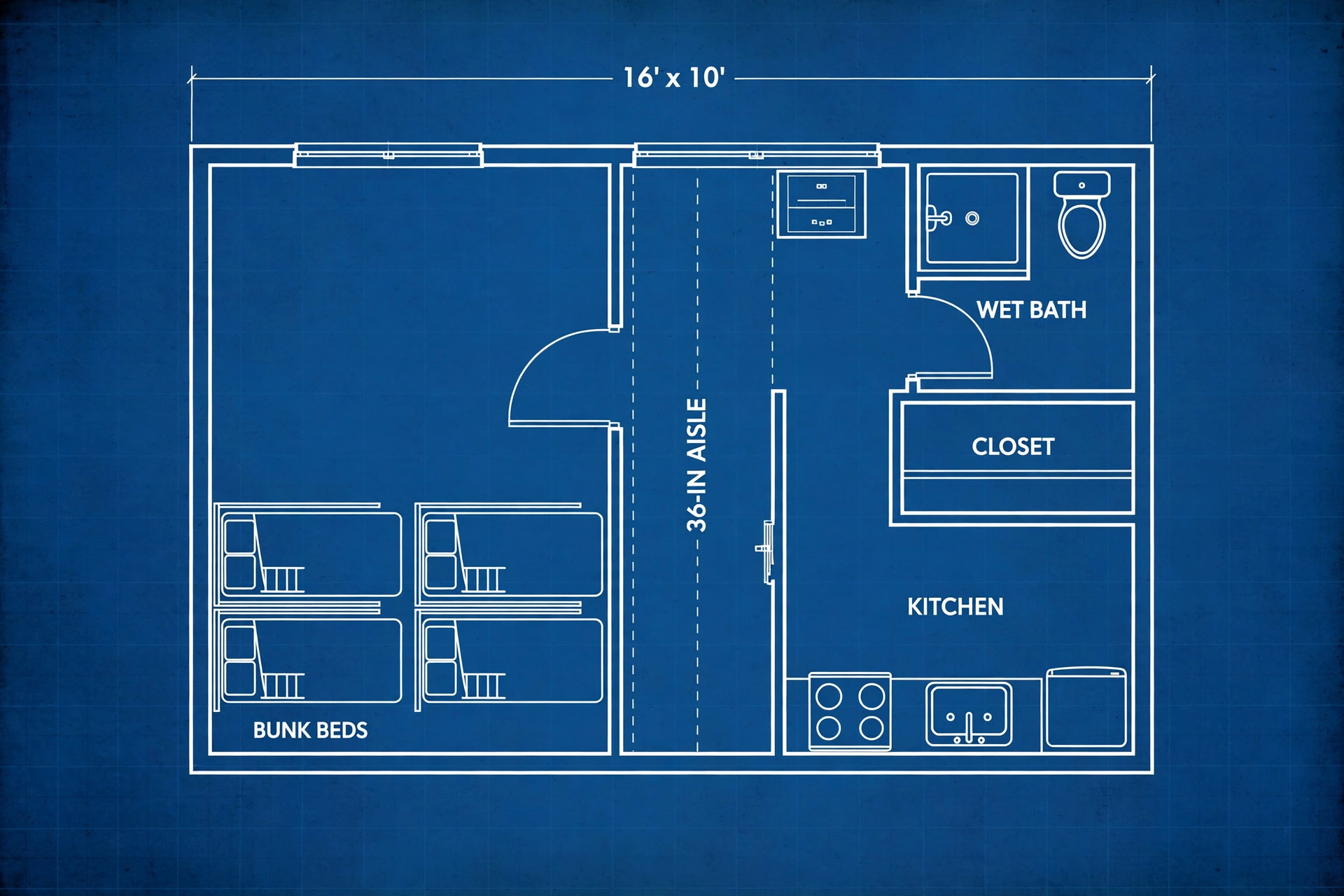 Redrawn floor plan of the 16 by 10 foot Founders Community micro-housing unit