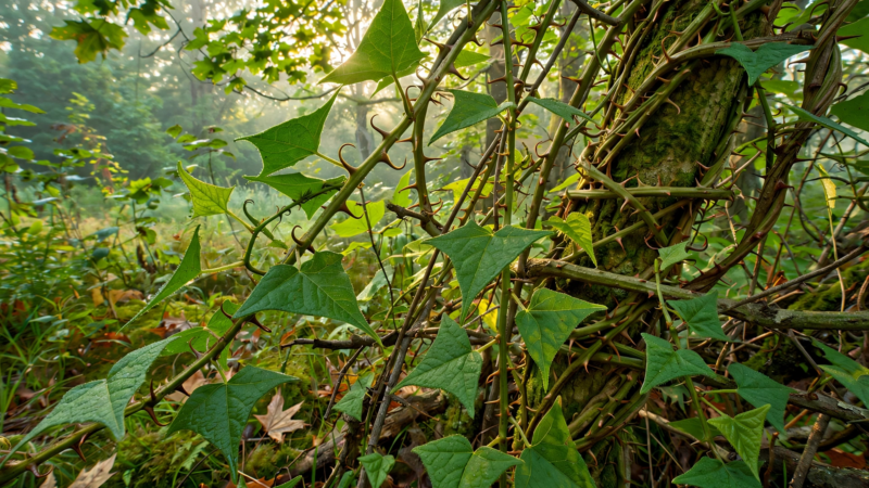 Illustration of the mile-a-minute weed vine with triangular leaves and barbed stems climbing a tree (AI-generated illustration)