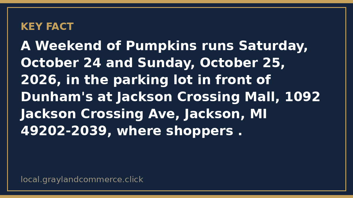 Fact card: A Weekend of Pumpkins runs October 24 and 25, 2026 in the parking lot in front of Dunham's at Jackson Crossing Mall, 1092 Jackson Crossing Ave, Jackson MI