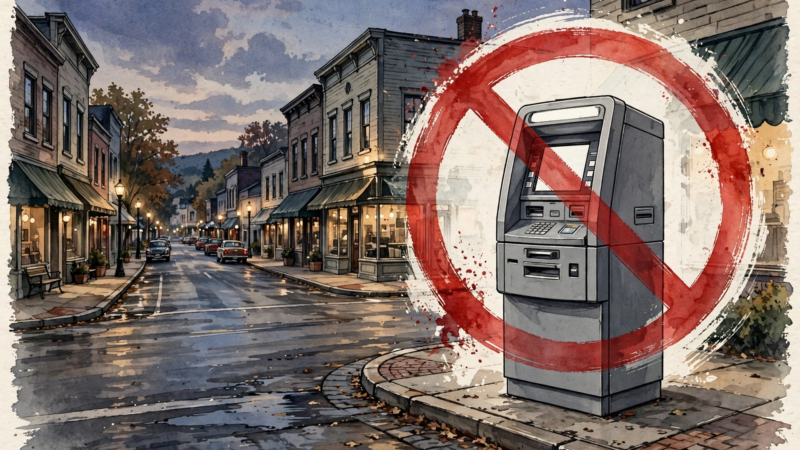 Illustration of a cryptocurrency ATM in Jackson, Michigan with a prohibition symbol marking the city ban (AI-generated illustration)