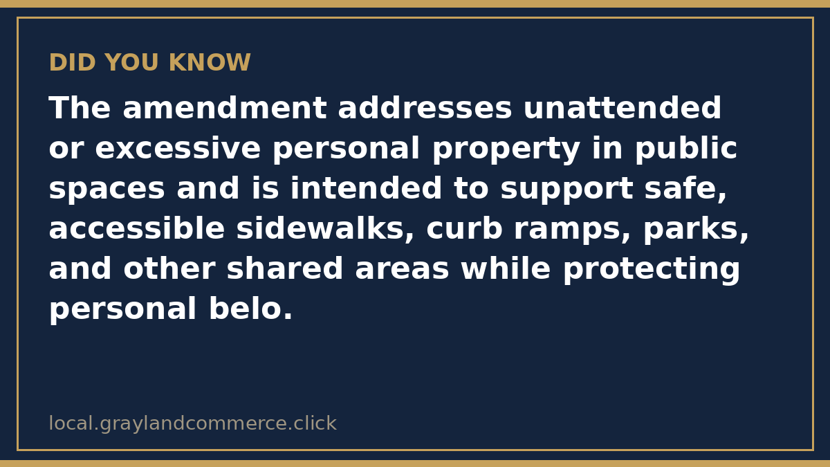 Fact card: the amendment addresses unattended or excessive personal property in public spaces and supports safe, accessible sidewalks, curb ramps, parks, and other shared areas