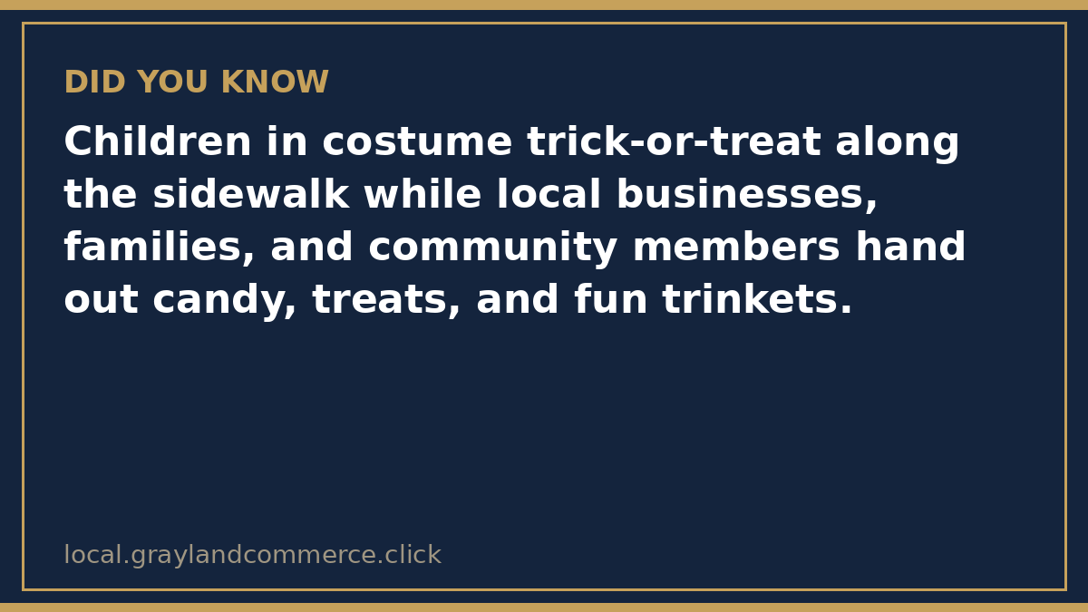 Fact card: children in costume trick-or-treat along the sidewalk while local businesses, families, and community members hand out candy and treats