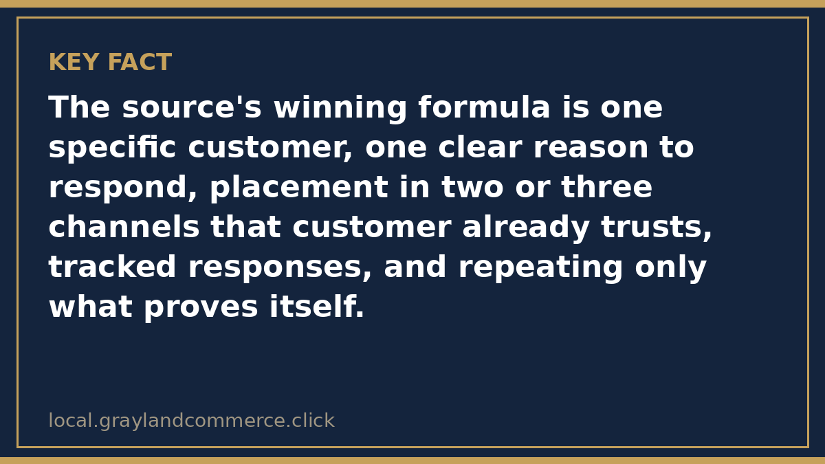 Illustrated fact card noting the formula of one customer, one offer, and tracked responses