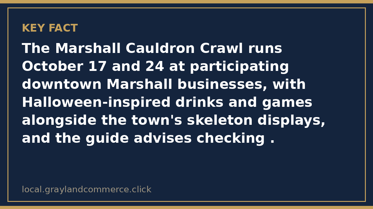 Fact card: the Marshall Cauldron Crawl runs October 17 and 24 at participating downtown Marshall businesses, with Halloween-inspired drinks and games