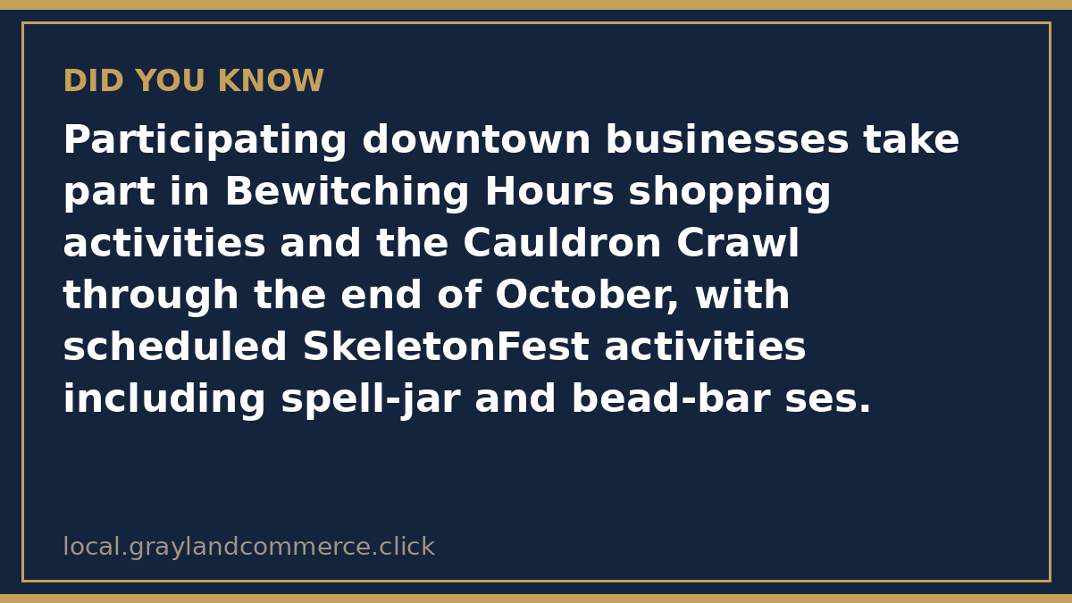 Fact card: participating downtown Marshall businesses run Bewitching Hours shopping and the Cauldron Crawl through the end of October