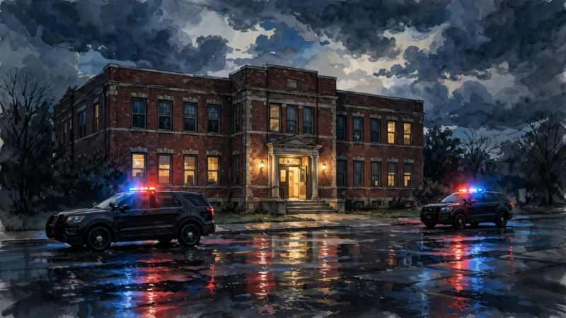 Editorial illustration of a brick school at night with emergency light reflections