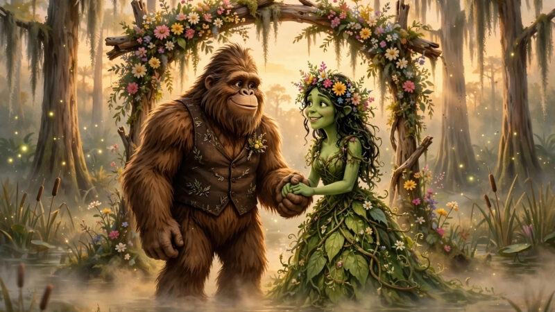 Sasquatch groom and swamp bride holding hands under a flower arch in a misty swamp at golden hour