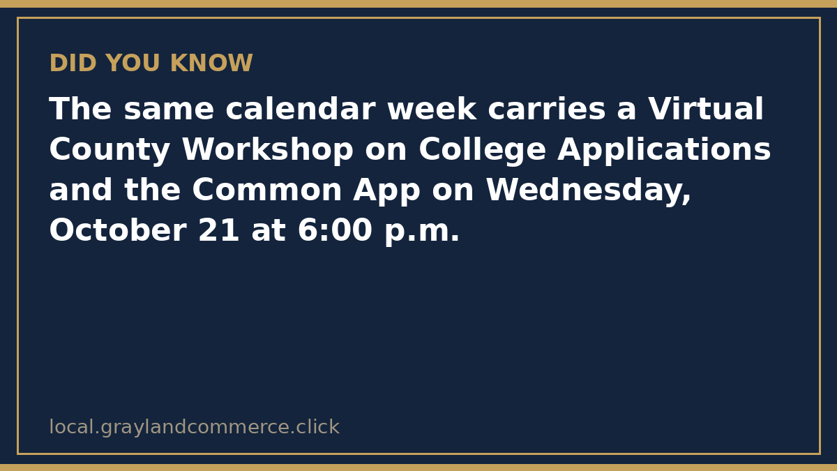 Fact card: the same JCISD calendar week carries a Virtual County Workshop on College Applications and the Common App on Wednesday, October 21 at 6 p.m. over Zoom