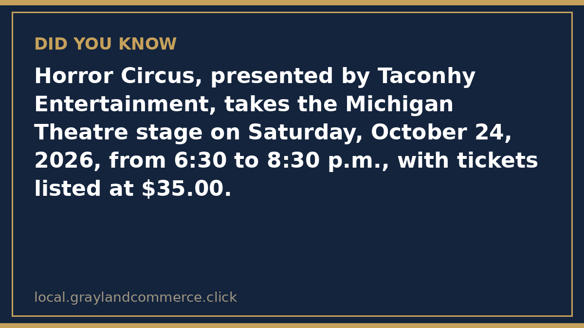 Fact card: Horror Circus by Taconhy Entertainment plays the Michigan Theatre on Saturday, October 24, 2026 from 6:30 to 8:30 p.m. with tickets listed at $35