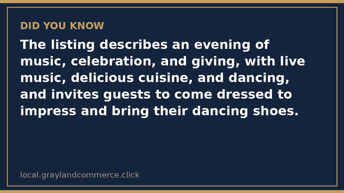 Fact card: the official listing promises live music, cuisine, and dancing; ticket price and beneficiary are not published on the listing