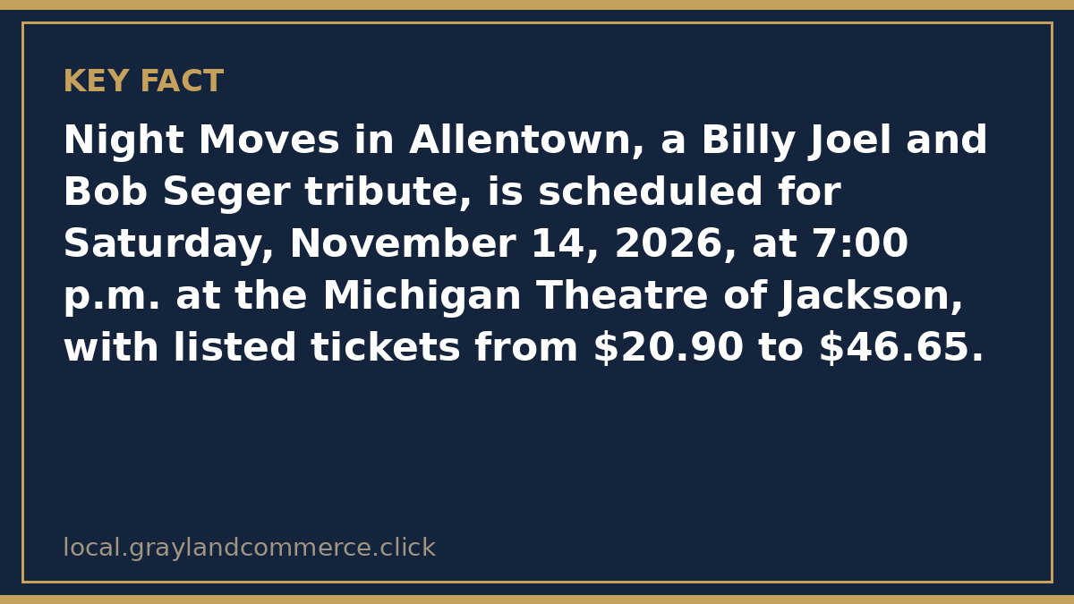 Fact card: Night Moves in Allentown is scheduled for Saturday, November 14, 2026, at 7:00 p.m. at the Michigan Theatre of Jackson