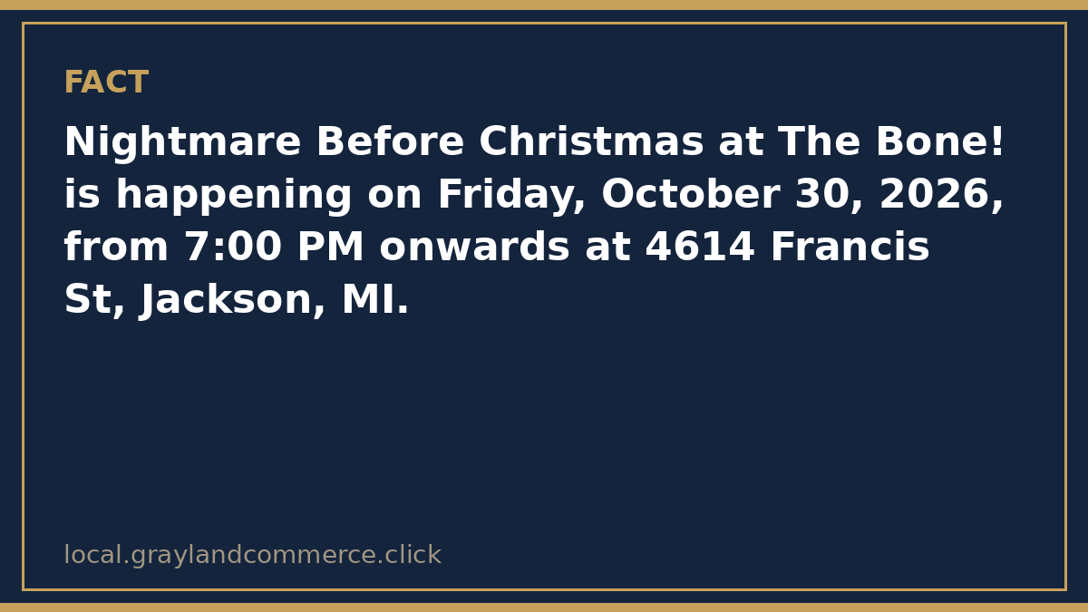 Fact card: Nightmare Before Christmas at The Bone is Friday, October 30, 2026, from 7:00 PM onwards at 4614 Francis Street in Jackson