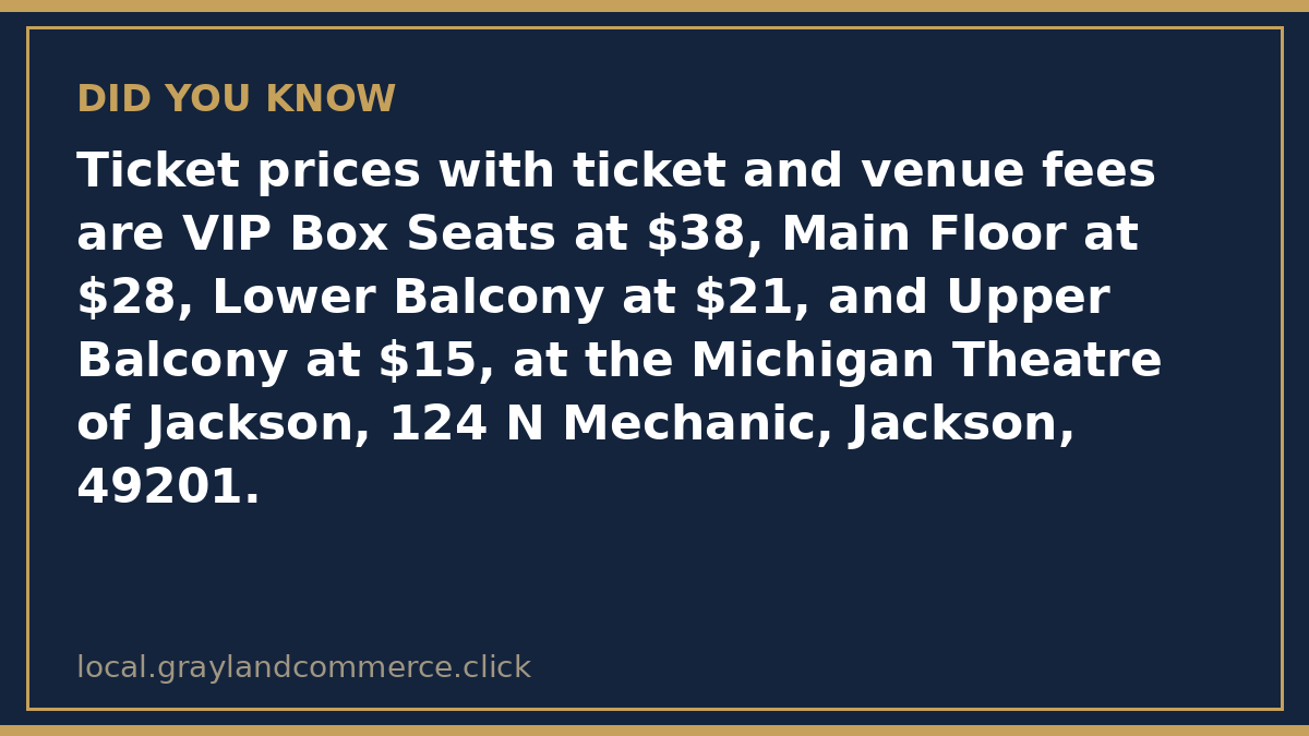 Fact card: Michigan Theatre ticket tiers for Teddy Petty run from $15 upper balcony to $38 VIP box, fees included per the theatre listing