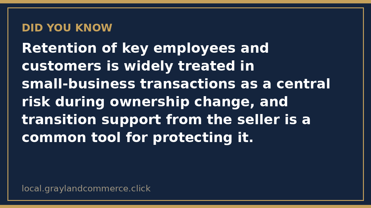 Illustrated fact card noting that retention of key employees and customers is a central risk during ownership change