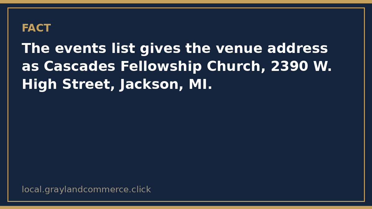 Fact card: the Cascades Fellowship Church trunk or treat venue is listed at 2390 West High Street in Jackson, Michigan
