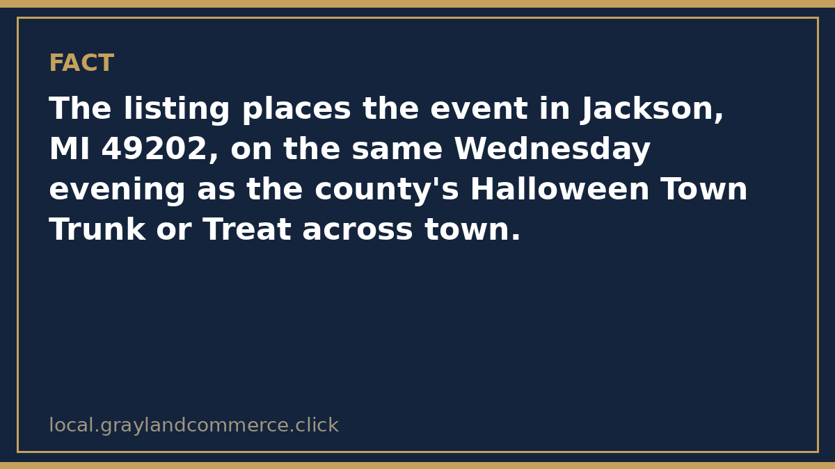 Fact card: the Sullivan's trunk or treat is listed in Jackson, Michigan 49202 on Wednesday evening, October 28, 2026