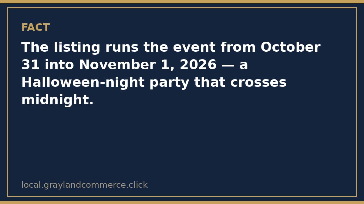 Fact card: the Universe Band Halloween Party listing runs from October 31 into November 1, 2026, crossing midnight on Halloween night